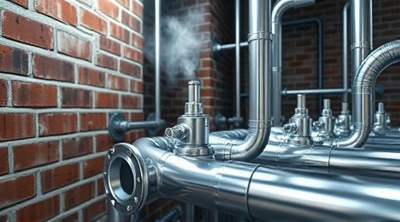 shiny plumbing pipe, futuristic, sections aligned intricately, photorealistic, minimalist industrial setting with exposed brick walls, highly detailed, steam rising, 8K resolution, shiny silver, backlit, shot with a tilt-shift lens.