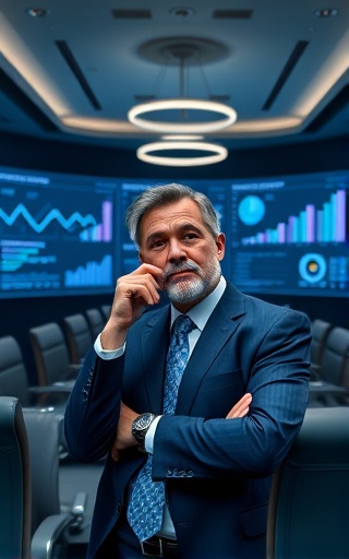 seasoned businessman, contemplative expression, reviewing marketing analytics, photorealistic, corporate boardroom with sleek furniture, highly detailed, analytics projected in 3D models around the room, deep blue and grey color, pendant lighting overhead, shot with a 100mm lens.