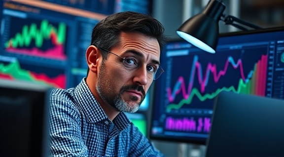 seasoned data analyst, puzzled expression, solving anomalies in graphs, photorealistic, tech lab environment with digital platforms, highly detailed, complex algorithms on screen, primary color highlights, adjustable desk lamp providing focused beams, shot with a 80mm lens.