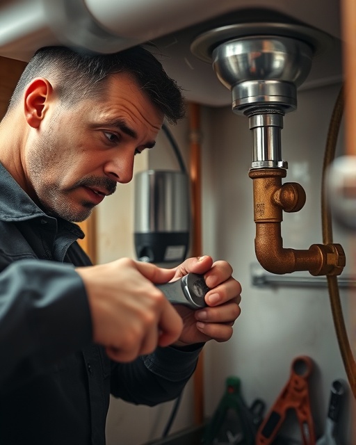 plumber inspecting fittings, focused expression, tightening with wrench, photorealistic, under-sink cabinet with tools scattered, highly detailed, steam wafting, 4k resolution, copper tones, natural daylight, shot with a macro lens.