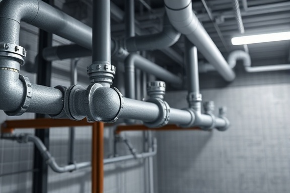 pipe system installation, professional expression, connecting pipes, photorealistic, construction site with blueprints, highly detailed, dust particles suspended in air, 4k resolution, grey shades, fluorescent lighting, shot with a wide-angle lens.