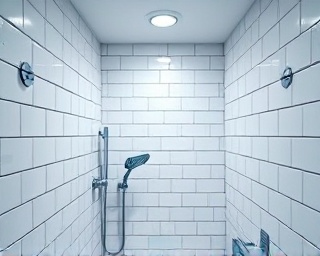 expert analyzing leak proof system, analytical expression, using a water detector, photorealistic, bathroom with tiled walls, highly detailed, subtle reflections, 4k resolution, white and blue contrast, overhead lighting, shot with an 85mm lens.