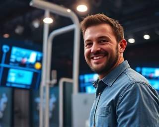 innovative plumbing solution, satisfied expression, demonstrating technology, photorealistic, exhibition with digital displays, highly detailed, interactive screens flickering, 4k resolution, vivid colors, spotlight illumination, shot with a 35mm lens.