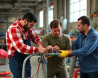 teamwork fixing a complex plumbing issue, collaborative expression, repairing pipe joints, photorealistic, crowded workshop with scattered tools, highly detailed, motion blur of arm movements, 4k resolution, mixed metallic colors, daylight entering from windows, shot with a standard zoom lens.