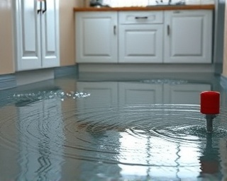 emergency response to plumbing failure, urgent expression, stopping water flow, photorealistic, flooded kitchen floor with floating objects, highly detailed, ripples in the water, 4k resolution, reflections of light on water, dramatic lighting, shot with a 24mm wide-angle lens.