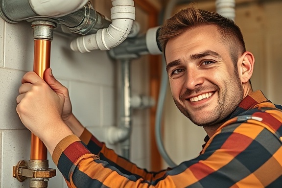 organized plumbing installation, satisfied expression, aligning pipes, photorealistic, partially constructed bathroom, highly detailed, dust particles in air, shallow depth of field, copper and PVC contrast, warm interior lighting, shot with an 85mm lens.