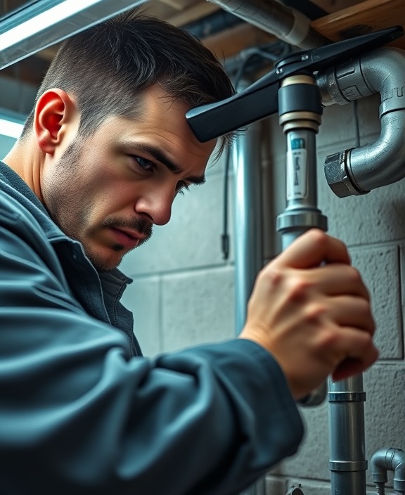 routine plumbing maintenance, focused determination, tightening a valve, photorealistic, basement with exposed piping, highly detailed, glint of tools, high-resolution, matte finish, cool fluorescent lighting, shot with a 35mm prime lens.