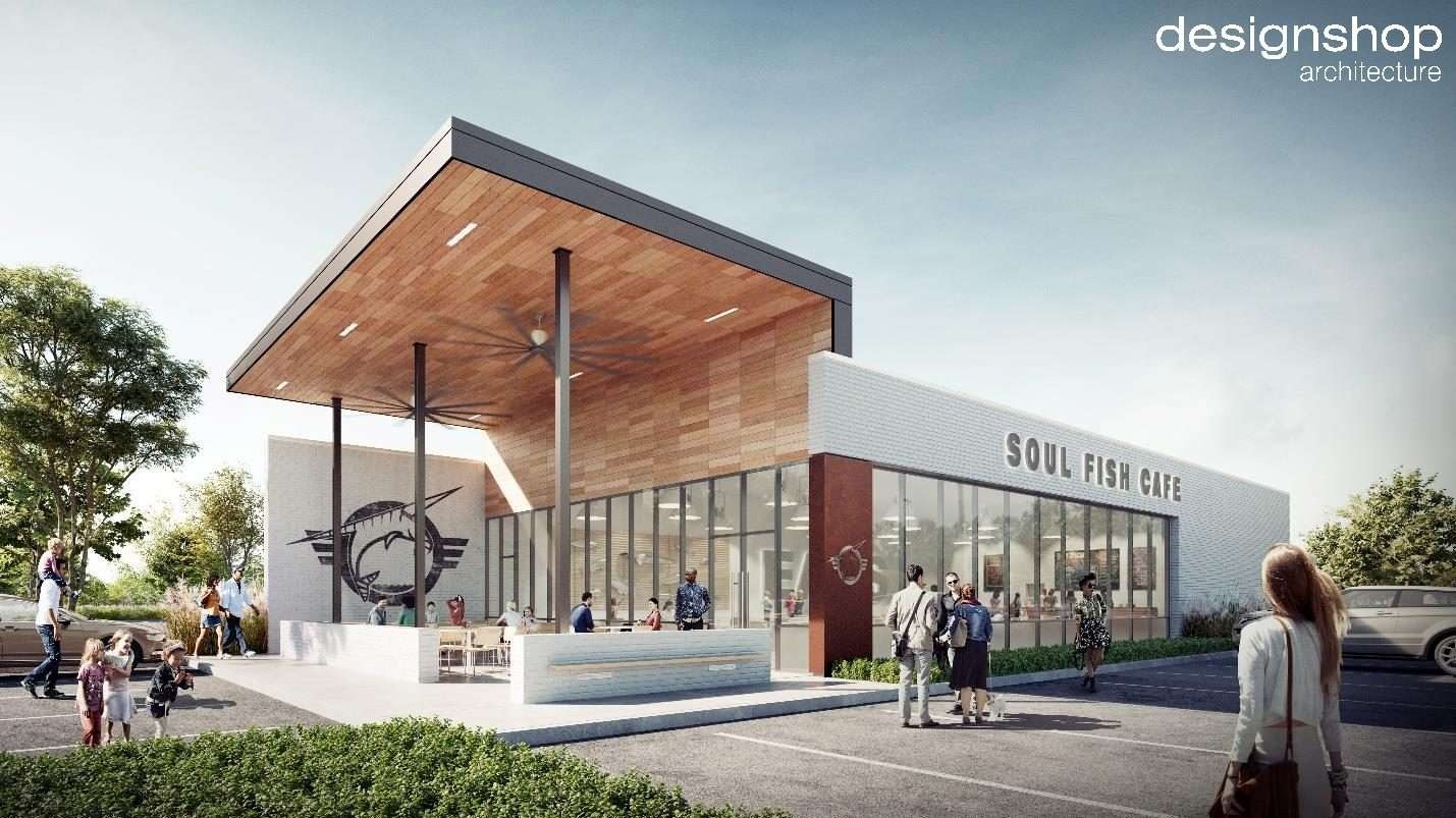 Soul Fish Cafe restaurant rendering with a covered wood-ceiling entrance canopy and glass storefront, designed by designshop architecture