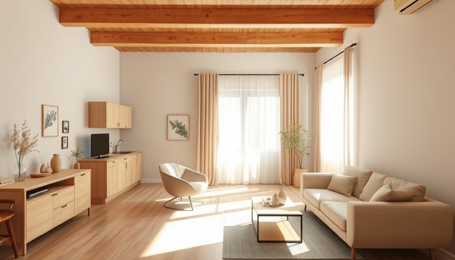 Warm minimalist studio apartment design with wooden beams and soft lighting.