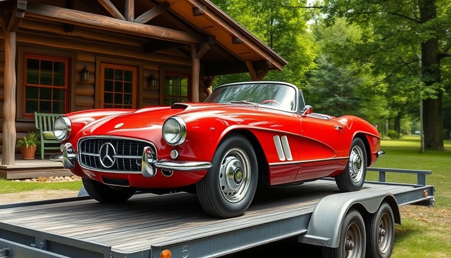 Vintage red sports car on trailer, warning signs used car lemon topic.