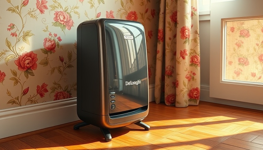 DeLonghi space heater on wooden floor with floral wallpaper.