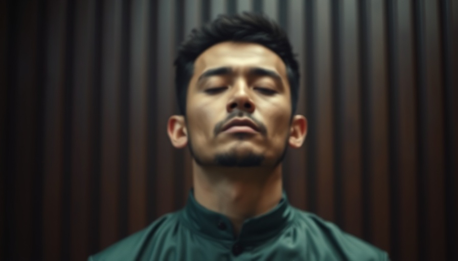 Blurred mugshot of man in green outfit with closed eyes.