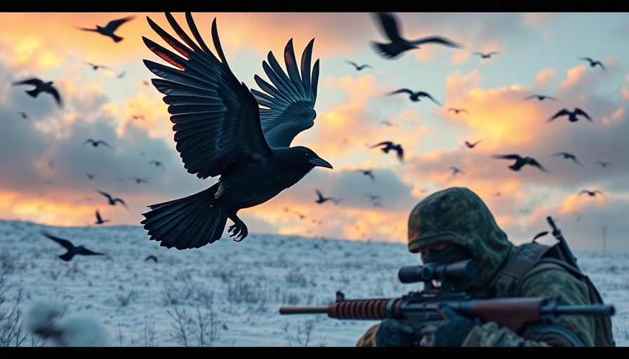 Crows in flight with hunter in snow, illustrating crow hunting tips.