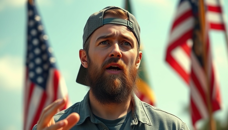 Casual man speaks with National Guard flags in Memphis backdrop.
