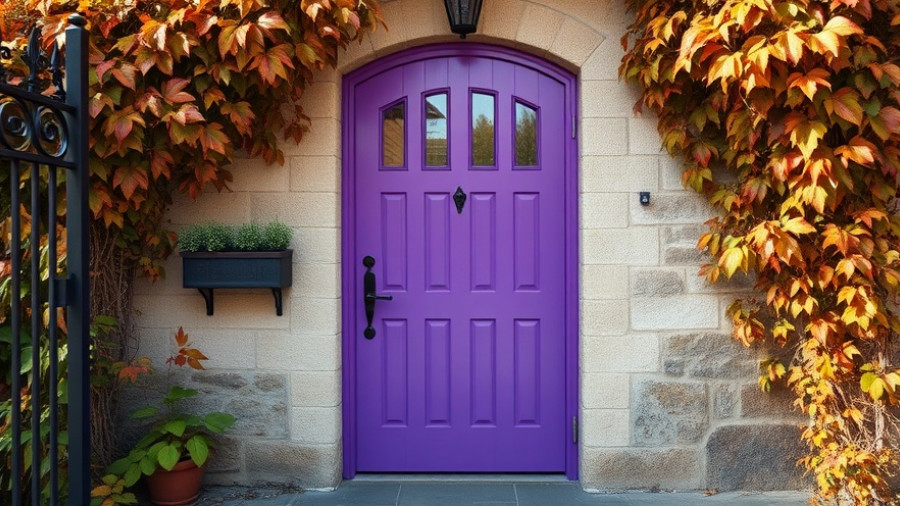 October home inspiration with a purple door and autumn foliage.