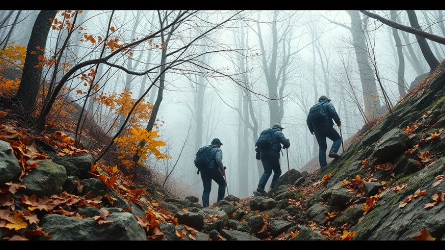 Searchers look for missing hunter in foggy autumn forest.