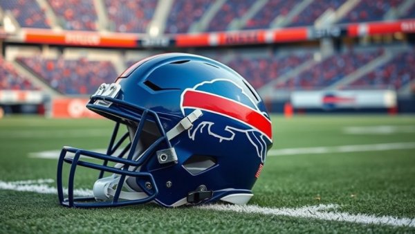 Buffalo Bills helmet on football field with blurred stadium.