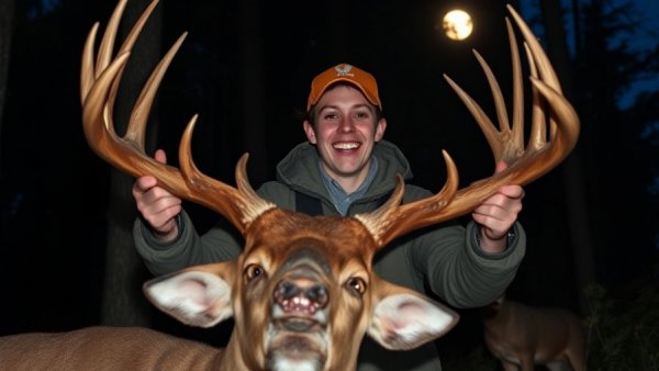 Excited hunter with large Iowa public land buck in moonlit forest.