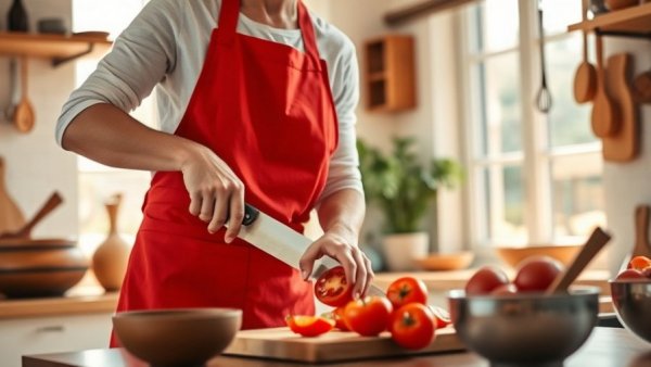 Culinary artist in rustic kitchen slicing tomatoes, Samin Nosrat kitchen design inspiration.