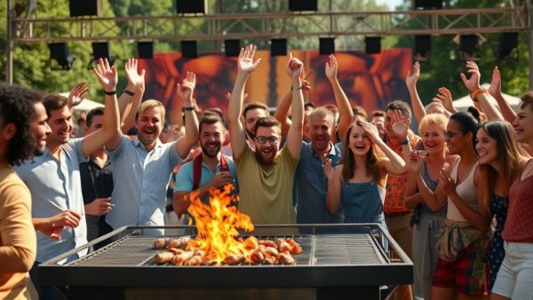 Celebrating group at Memphis in May barbecue contest, vibrant festival scene.