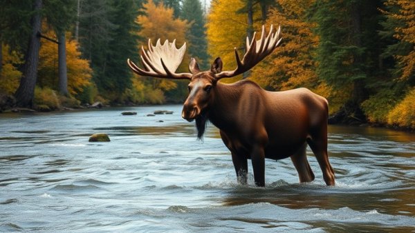 Moose Hunting Wellness: Majestic moose by river in forest.