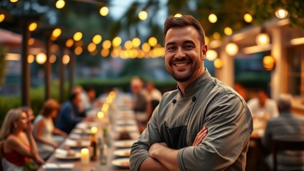 Happy chef in outdoor dining scene.