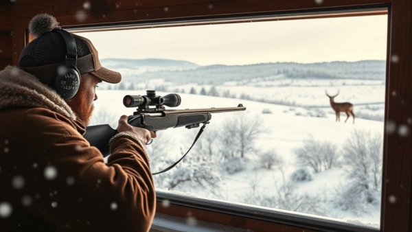 Hunter aiming rifle from cabin window during winter snow; hunting close to home.