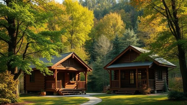 Charming little onsen cabins in Hokkaido amidst green foliage.