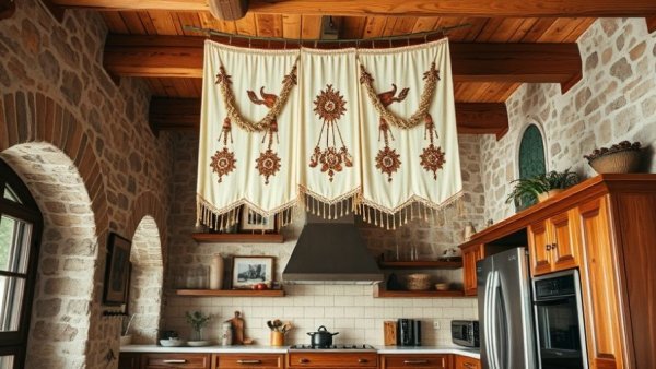 Rustic kitchen with Noren curtains for home decor, stone walls, wooden cabinets.