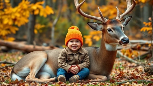 Kindergartener's first deer hunting experience in autumn woods.