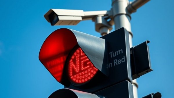 Traffic light with 'No Turn on Red' sign and camera for red light laws.