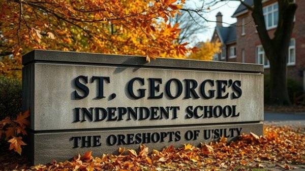 Entrance sign of St. George's Independent School amid fall trees.
