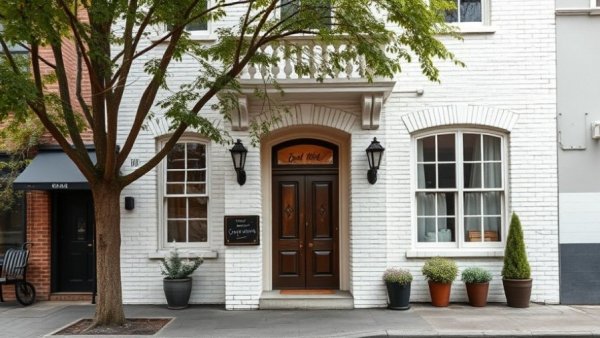 Charming minimalist mom-and-pop guest house facade.