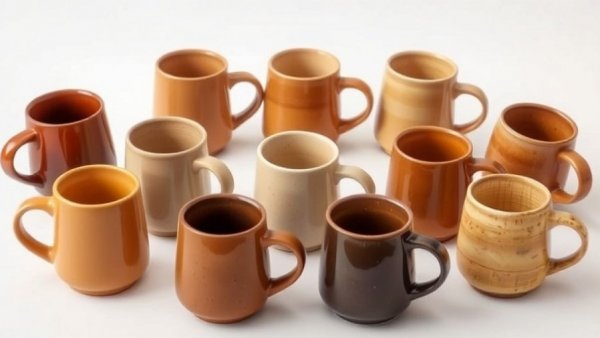 Vintage brown ceramic mugs in a curved arrangement on a white background.