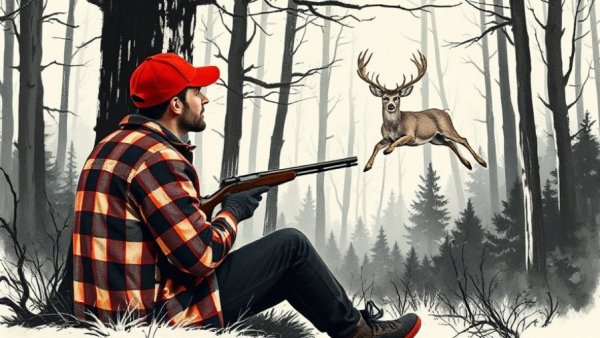 Illustration of hunter observing whitetail deer in forest, still-hunting.