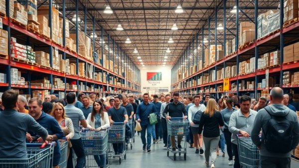 Crowded Costco shopping scene with customers and DIY supplies