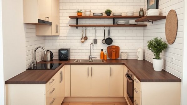Charming small complete kitchen design with beige cabinets.
