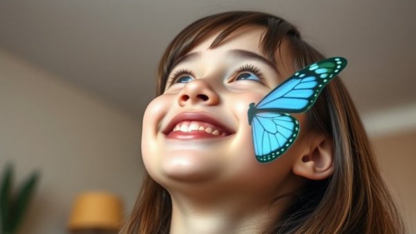 Central HS student smiling with digital butterflies on face.