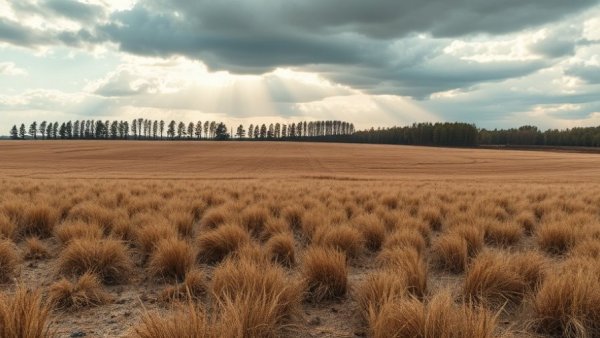 Expansive Arkansas field impacted by copper wire theft, cloudy sky.