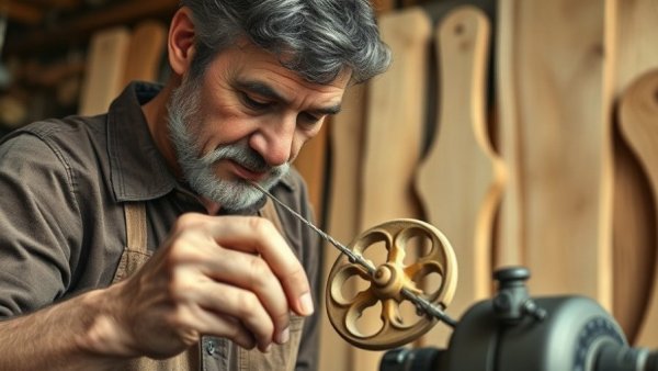 Artisan crafting a wooden Christmas ornament on a lathe in a workshop.