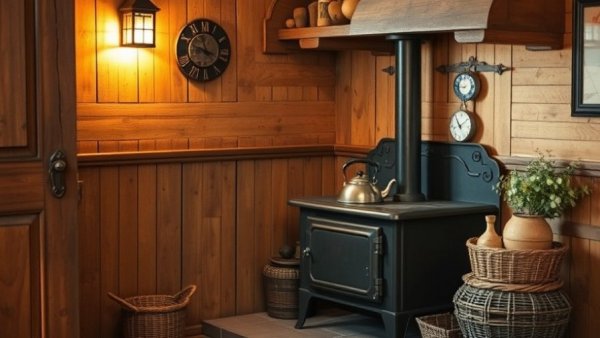 Rustic corner with vintage stove, a unique holiday gathering idea.