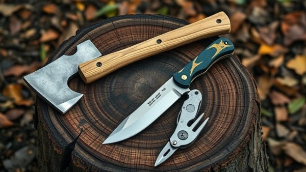 Nessmuk trio survival tools on wooden stump, axe, knife, fork.