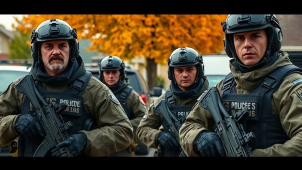 Law enforcement officers preparing an operation in a suburban area.