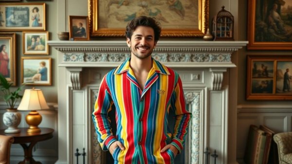 Gifts That Give Back 2025: Person in colorful striped pajamas standing by a fireplace.