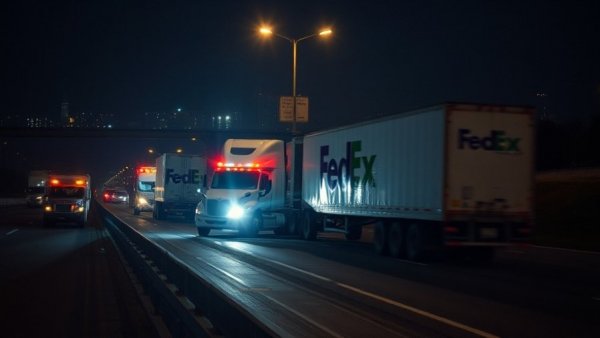 FedEx truck accident scene at night with emergency response