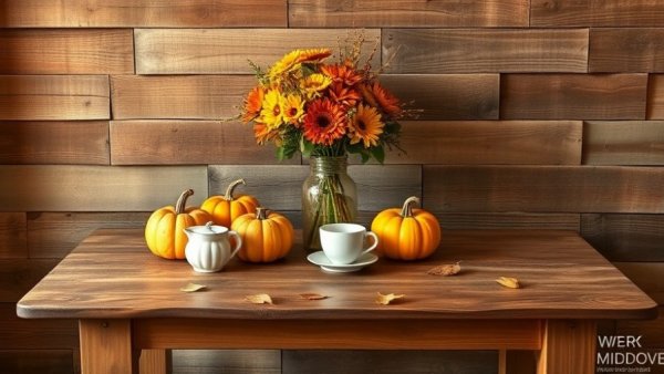 Budget-friendly fall table setup with pumpkins and flowers
