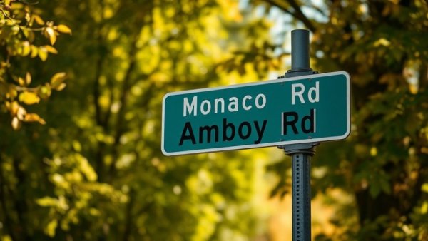 Intersection of Monaco Rd and Amboy Rd with trees in background