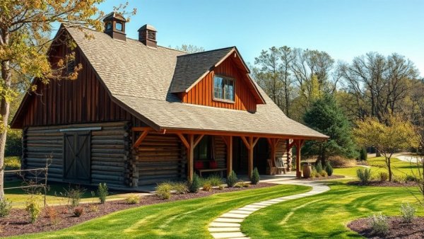 Charming rustic barn with garden, creating warm and inviting home spaces.