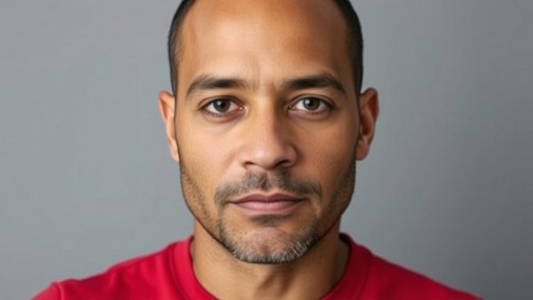 Close-up of a man in a red shirt against gray background.