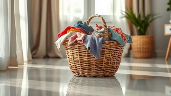 Woven basket with clothes showcasing upcycled storage ideas.